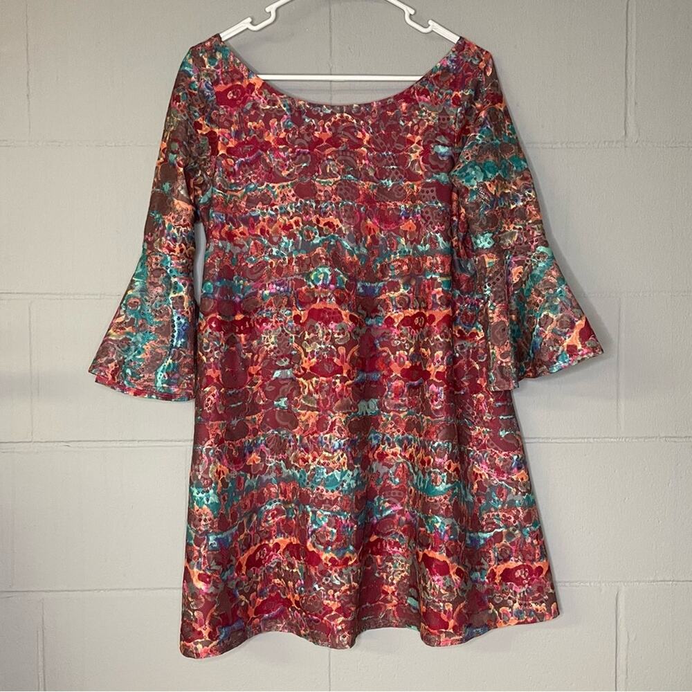 Judith March Bell Sleeve Rainbow Mini Dress Criss Cross Back Women’s Size Medium - Picture 1 of 10